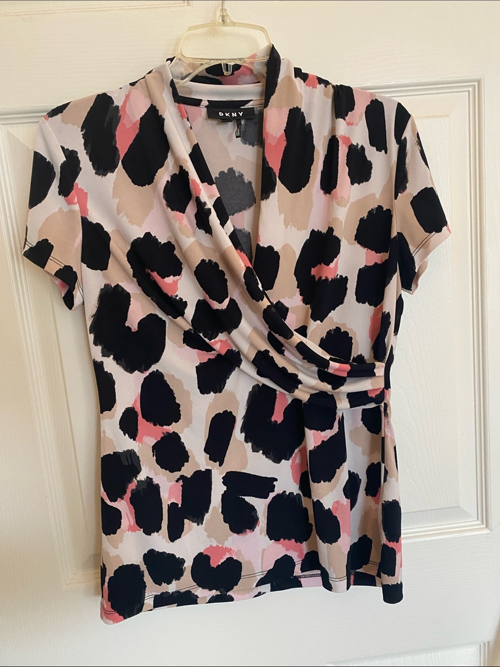 DKNY Pink, Black & Tan Abstract Wrap-Style Short Sleeve Top